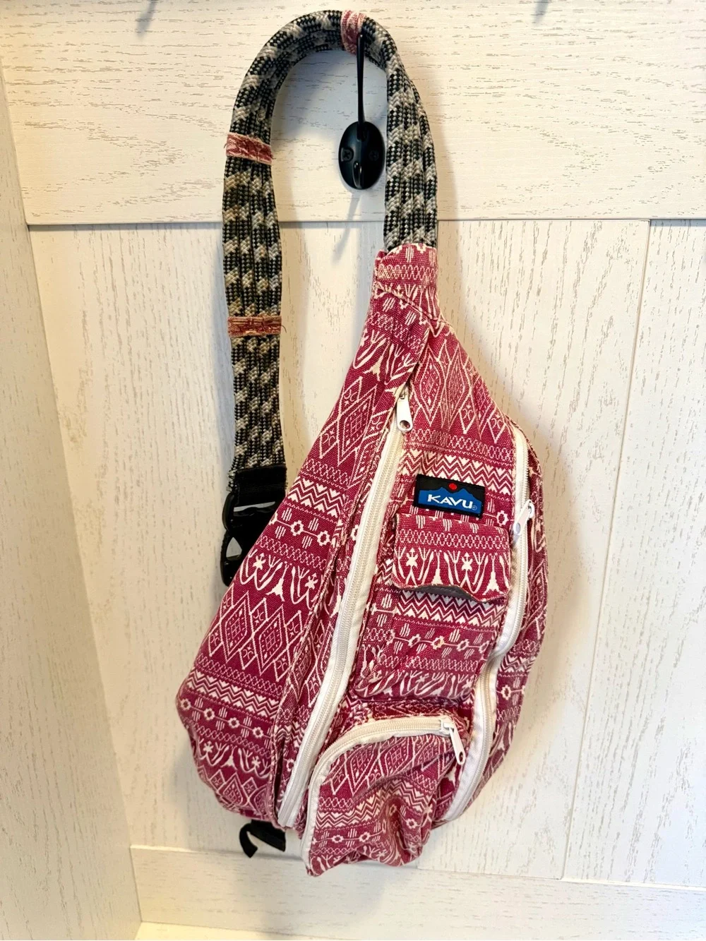 Kavu red Aztec print Crossbody Sling Bag with Black Strap